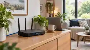 Home Wi-Fi router and laptop in a tidy living room